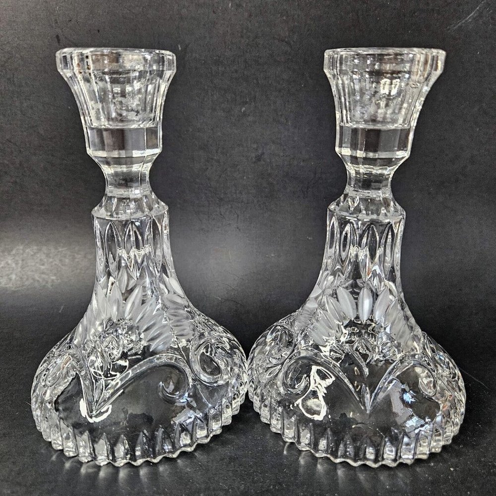 VintageCrystal Taper Candle Holder Set of 2 Etched Floral Pressed  5.5"